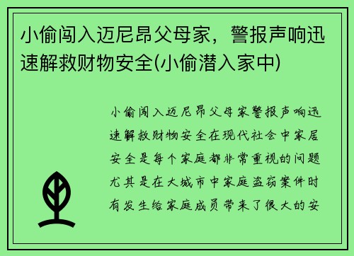小偷闯入迈尼昂父母家，警报声响迅速解救财物安全(小偷潜入家中)
