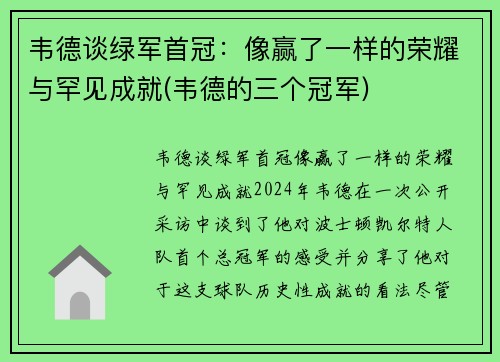韦德谈绿军首冠：像赢了一样的荣耀与罕见成就(韦德的三个冠军)