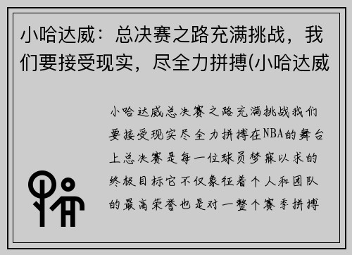 小哈达威：总决赛之路充满挑战，我们要接受现实，尽全力拼搏(小哈达威集锦)