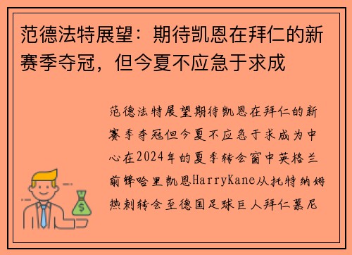 范德法特展望：期待凯恩在拜仁的新赛季夺冠，但今夏不应急于求成