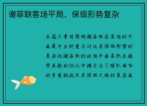 谢菲联客场平局，保级形势复杂