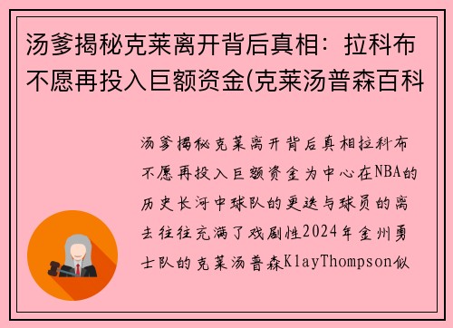 汤爹揭秘克莱离开背后真相：拉科布不愿再投入巨额资金(克莱汤普森百科)